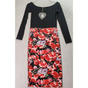 Club L Shift Dress Girls Sz 10 Black Floral Viscose Long Sleeve Off The Shoulder